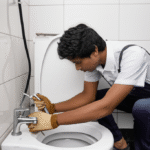A plumber repairing a choked toilet in a modern