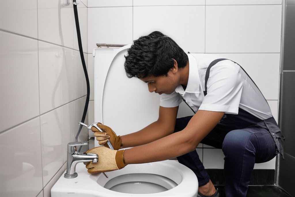 A plumber repairing a choked toilet in a modern