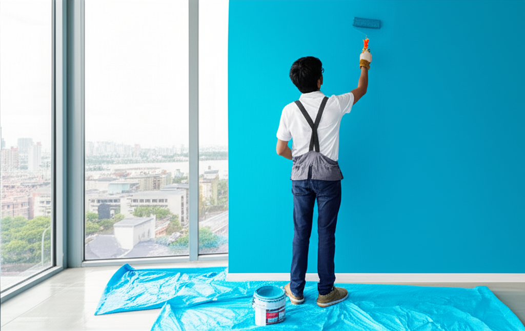 Painter applying light blue