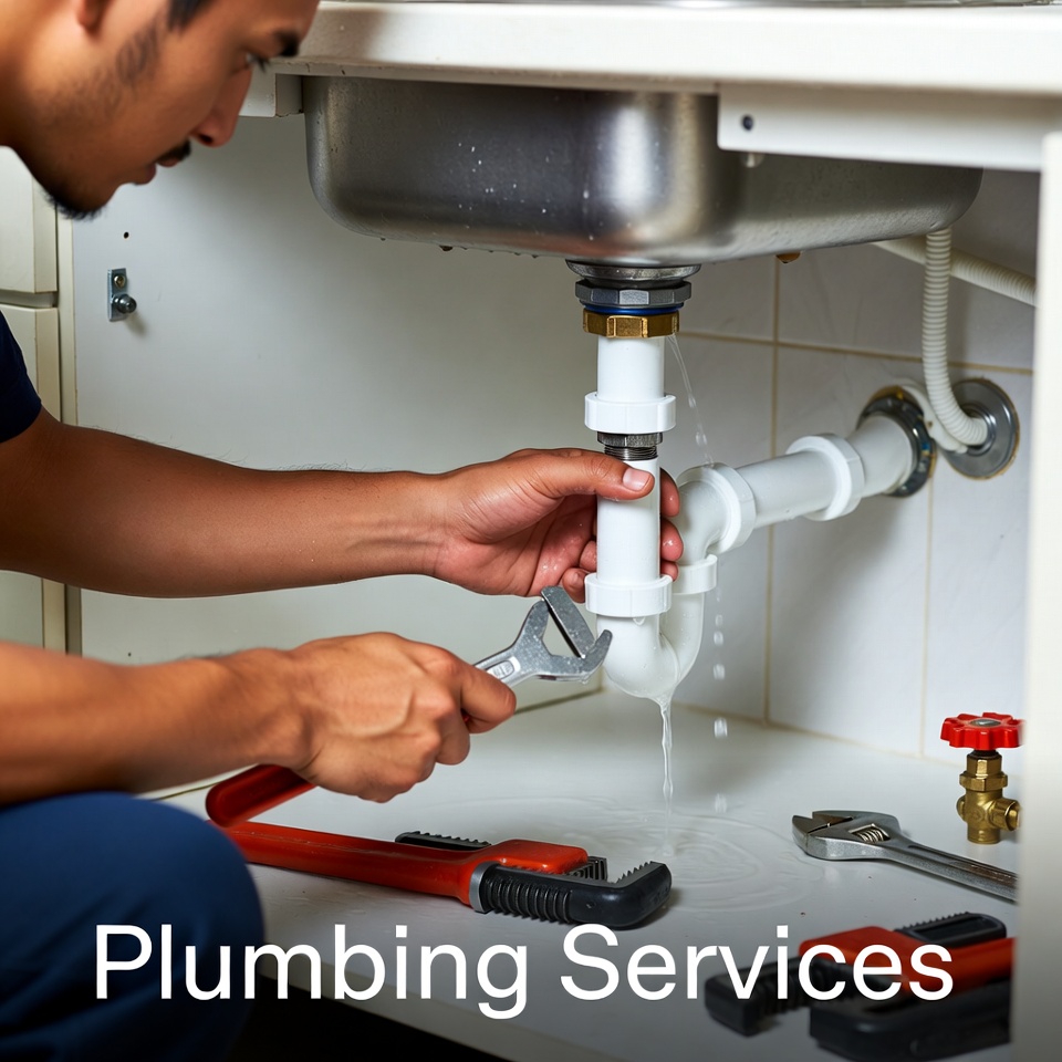 A highly realistic photo of a Bangladeshi handyman plumber repairing a leaking water pipe under a kitchen sink in a modern Singapore